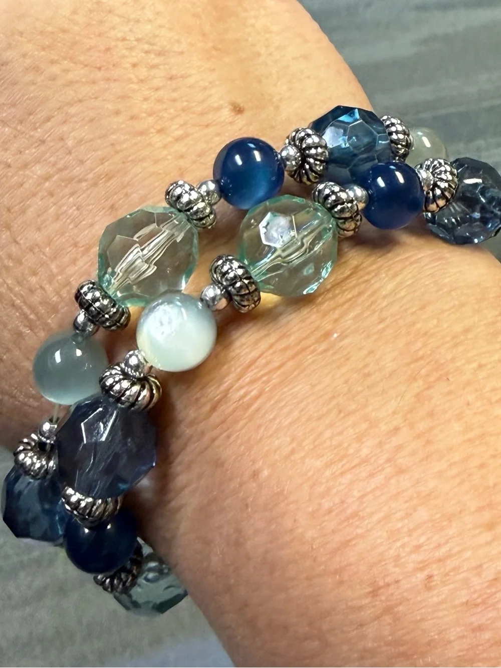 Two (2) Faceted Blue & Aqua Beaded Stretch Bracelets